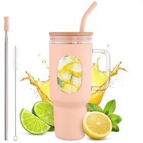 46 Oz Glass Tumbler with Straw and Lid Peach Glass Water Bottle with Natural Bamboo Lid 2 Slim and Boba Straws Silicone Sleeve Dishwasher Safe Car Ho