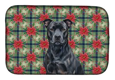 Black American Staffordshire Terrier Christmas PoinsettIas Dish Drying Mat Absorbent Dish Drying Mat Pad for Kitchen Counter Dish Drainer Mat for Cou
