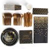 201PCS Black Gold Birthday Party Supplies For 25 Guests Happy Birthday Disposable Dinnerware Set Paper Plates 9OZ Cups Straws Napkins Forks Knives Sp