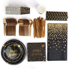 201PCS Black Gold Birthday Party Supplies For 25 Guests Happy Birthday Disposable Dinnerware Set Paper Plates 9OZ Cups Straws Napkins Forks Knives Sp