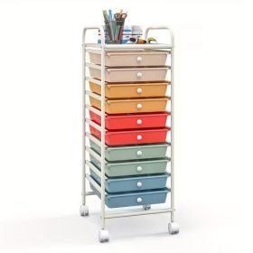 10 Drawer Rolling Storage Cart Organizer with Locking Wheels, Multi-Color Macaron Drawers, Metal Frame Mobile Utility Cart for Office, School, Home,