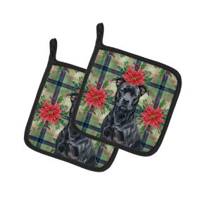 Black American Staffordshire Terrier Christmas PoinsettIas Pair of Pot Holders Pair 7.5x7.5 Quilted Insulated Hot Pads Decorative Kitchen Gift Made i