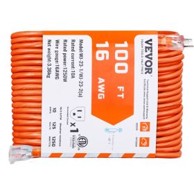 VEVOR 100FT Indoor Outdoor Extension Cord, 16AWG 10Amps 1250W, 3 Prongs Appliance Electric Cord with Lighted End, Flexible & -40 Celsius Cold-Resista