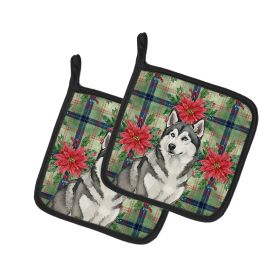 Gray and White Alaskan Malamute Christmas PoinsettIas Pair of Pot Holders Pair 7.5x7.5 Quilted Insulated Hot Pads Decorative Kitchen Gift Made in USA