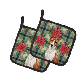 Red and White Basenji Christmas PoinsettIas Pair of Pot Holders Pair 7.5x7.5 Quilted Insulated Hot Pads Decorative Kitchen Gift Made in USA