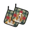 Lemon and White Basset Hound Christmas PoinsettIas Pair of Pot Holders Pair 7.5x7.5 Quilted Insulated Hot Pads Decorative Kitchen Gift Made in USA